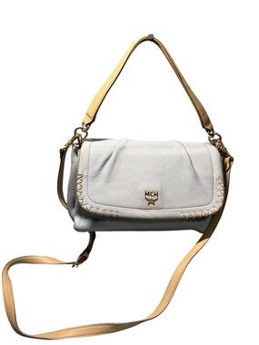 MCM Milla Blue Grained Leather Flap Bag Whipstitch Tan Strap AS-IS